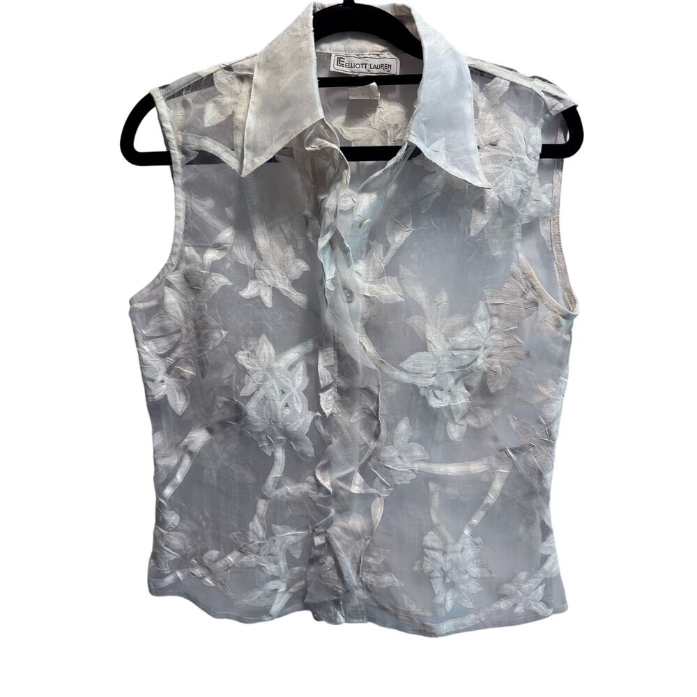 Elliott Lauren Vintage Sheer Floral Embroidered Sleeveless Button Up Top Size 2